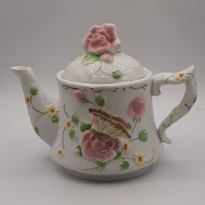 Otagiri Enesco Teapot Music Box 1995 Floral Butterfly Wind Beneath My Wings Song